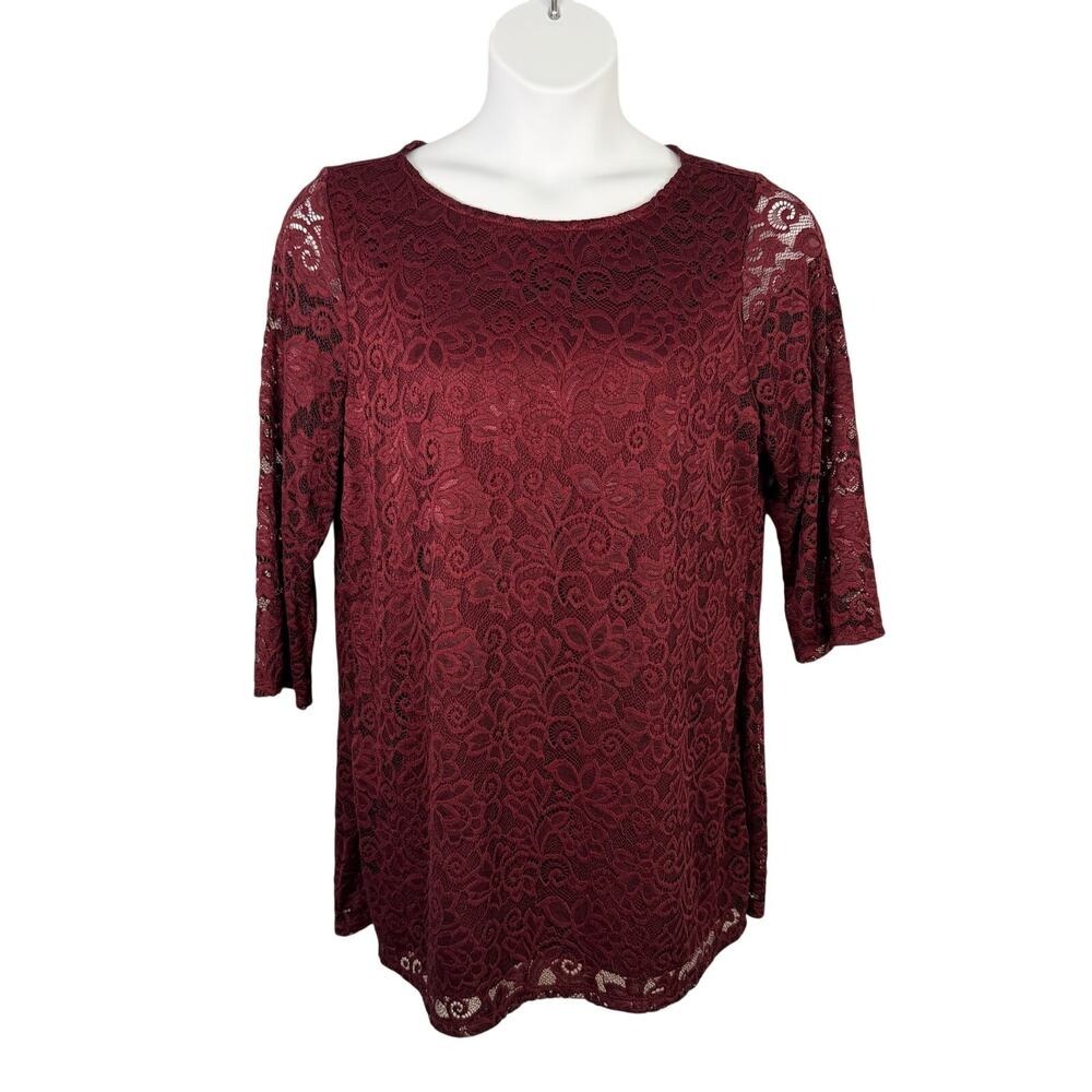Liz Claiborne‎ Top Large Burgundy Lace Lined Tunic 3/4 Sheer Sleeve Whimsigoth